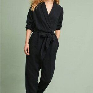 Hei Hei Anthropologie Benna Gauzy Tie Waist Jumpsuit  L Black Shawl Collar Boho